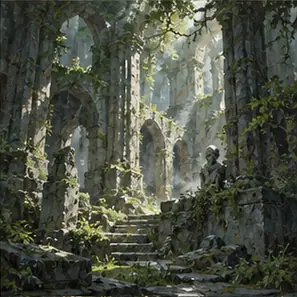 Generated Overgrown Ruins Concept Art visual example