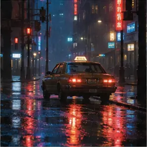 Generated Cinematic Rainy-Taxi Film Still visual example